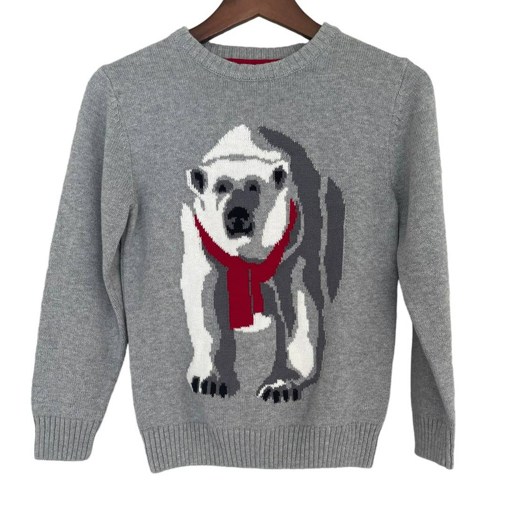 Gymboree Holiday Cotton Sweater Crewneck Gray Red Polar Bear Boys Size 7-8